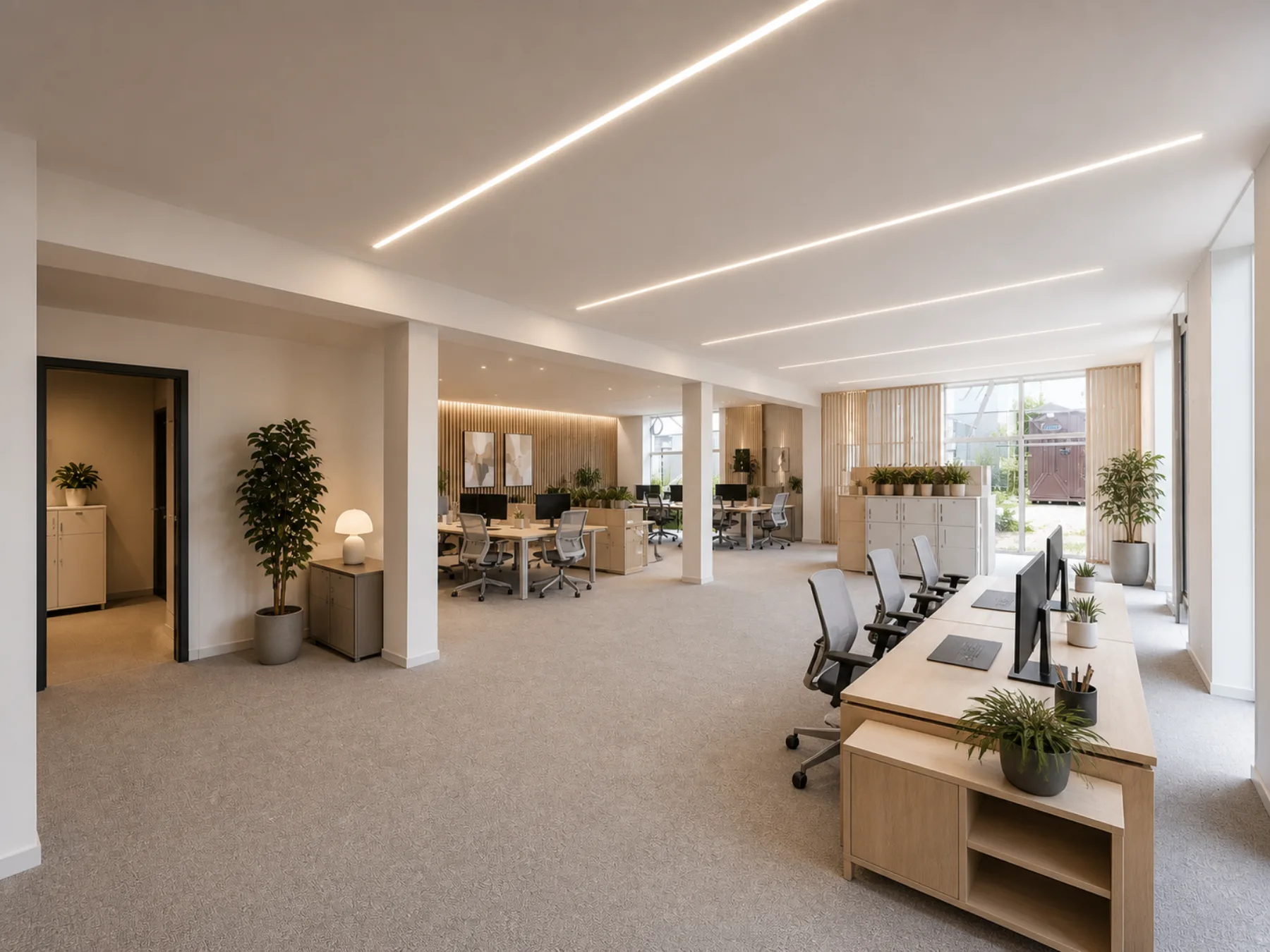Heller Empfangs- und Loungebereich im Neubau-Büro Alfter